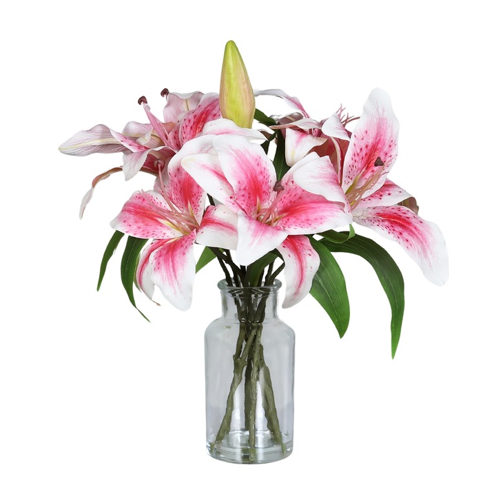 Aranjament cu crini artificiali roz in vas de sticla, inaltime 33 cm