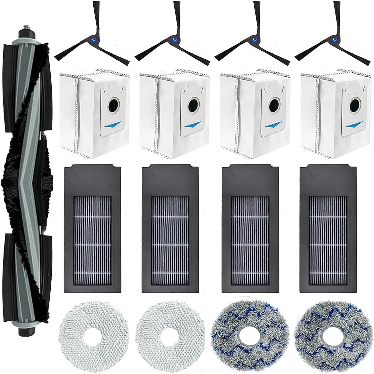 Odashen 15 stuks vervangende accessoires set voor Ecovacs Deebot X2 / X2 Omni / X2 Pro / DEX86 stofzuiger reserveonderdelen, 1 hoofdborstel, 4 zijborstels, 2 hepa-filters, 4 stofzakken, 4 dweildoeken