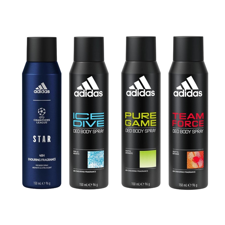 Комплект от 4 x Adidas Variety спрей дезодоранти против изпотяване 150 ml, 1x Star Enduring Fragrance, 1x Ice Dive, 1x Pure Game, 1x Team Force, Anti-White Marks, 48 часа