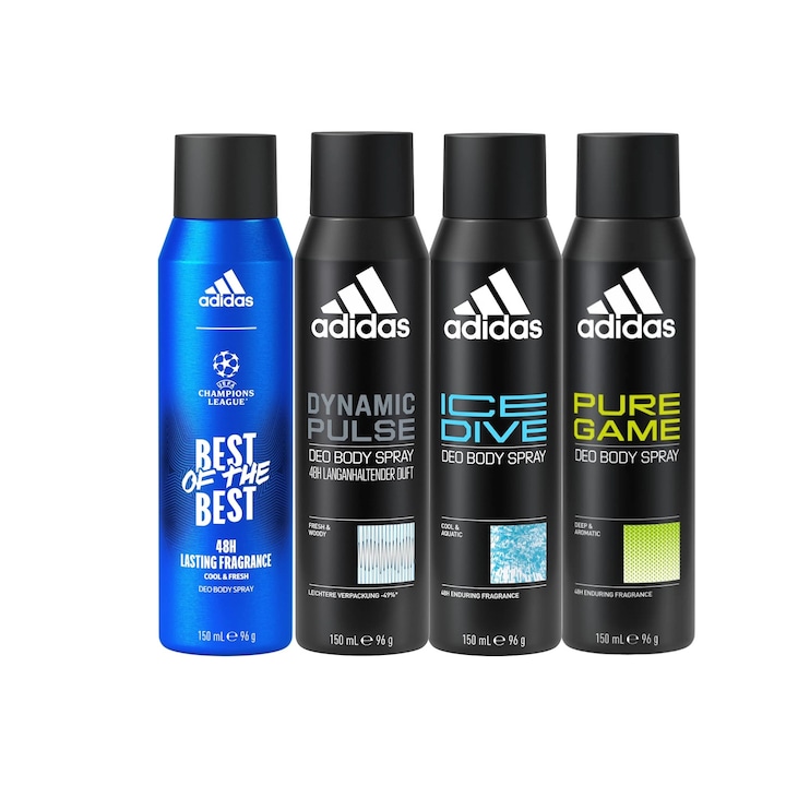 Комплект от 4 x Adidas Variety спрей дезодоранти против изпотяване 150 ml, 1x Best of the Best Cool&Fresh, 1x Ice Dive, 1x Pure Game, 1x Dynamic Pulse Anti-White Marks, 48 часа