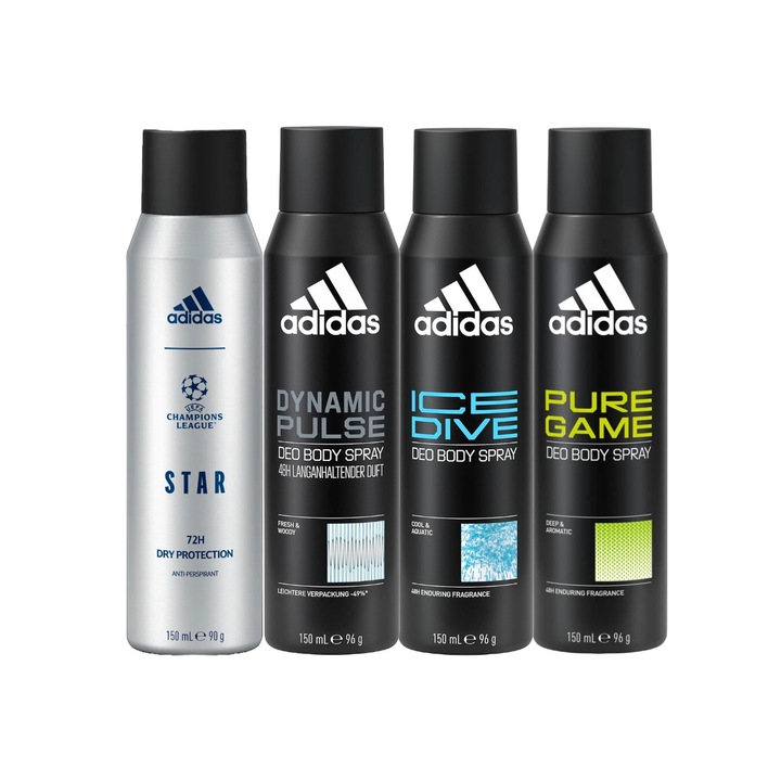 Комплект от 4 x Adidas Variety спрей дезодоранти против изпотяване 150 ml, 1x Star Dry Protection, 1x Ice Dive, 1x Pure Game, 1x Dynamic Pulse, Anti-White Marks, 48 часа