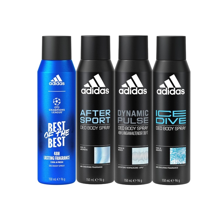 Комплект от 4 x Adidas Variety спрей дезодоранти против изпотяване 150 ml, 1x Best of the Best High Efficacy, 1x Ice Dive, 1x After Sport, 1x Dynamic Pulse, Anti-White Marks, 48hrs