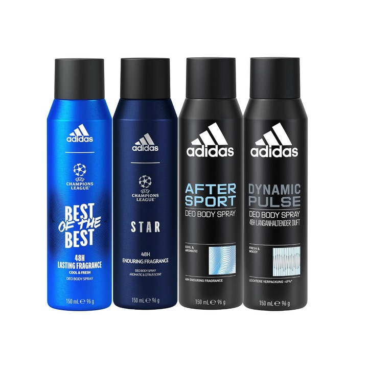 Комплект от 4 x Adidas Variety спрей дезодоранти против изпотяване 150 ml, 1x Star Enduring Fragrance, 1x Best of the Best Cool&Fresh, 1x After Sport, 1x Dynamic Pulse, Anti-White Marks, 48hrs