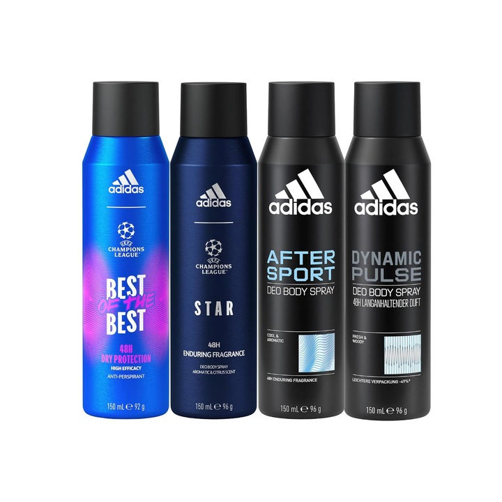 Комплект от 4 x Adidas Variety спрей дезодоранти против изпотяване 150 ml, 1x Star Enduring Fragrance, 1x Best of the Best High Efficacy, 1x After Sport, 1x Dynamic Pulse, Anti-White Marks, 48hrs