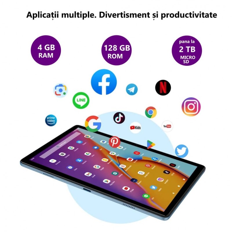 Tableta INOVA® TAB11, Octa-Core, 10.1", Android 13, 4GB RAM, 128GB ROM, Camera dubla 2+8MP, 5G, WIFI 6, Bluetooth 5.0, baterie 8000mAh, Gri