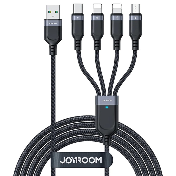 USB kábel 2x Lightning, Type-C, Micro-USB, 3,5A, 1,2 m, O123, alumínium, nylon, JoyRoom S 1T4018A18, O123, alumínium, nylon, fekete