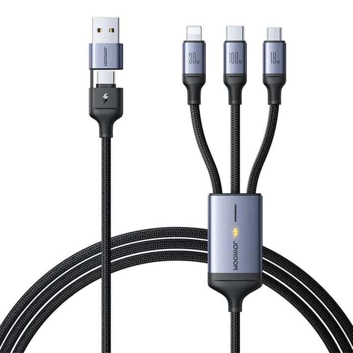 USB-kábel, Type-C – Type-C 100W, Lightning 30W, Micro-USB 18W, 1,5m, JoyRoom Speedy Series (SA21-2T3), fekete