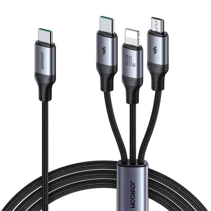 C típusú kábel Lightninghez, C típusú, mikro-USB, gyorstöltés, 30 W, 1,2 m, JoyRoom Speedy sorozat (SA21-1T3), fekete