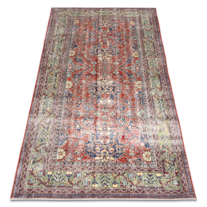 Dywany Łuszczów KÉZI KÖZÖTT gyapjúszőnyeg Vintage 10267, keret, virágok - piros / zöld, 135x241 cm