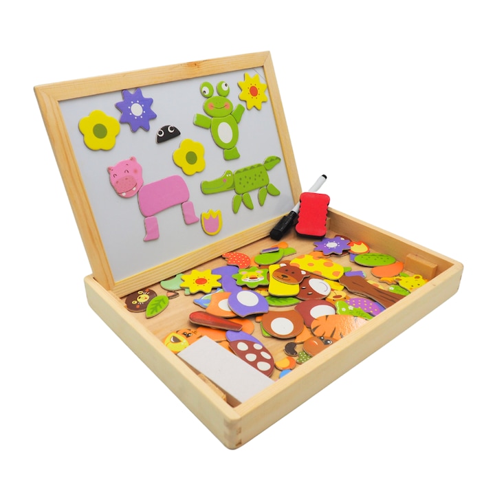 Монтесори образователна магнитна дъска жаба с 2 лица, маркер, тебешир и гъба, Onore, многоцветна, дърво, 30 x 22 см, 108 части