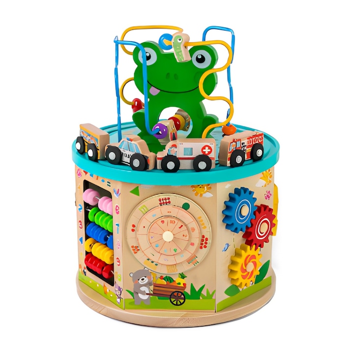 Joc educational broasca 7 in 1 Montessori cu abac, puzzle, ceas, circuit masini, labirint, pescuit si forme, Onore, multicolor, lemn, 24 x 17 x 24 cm, 10 piese