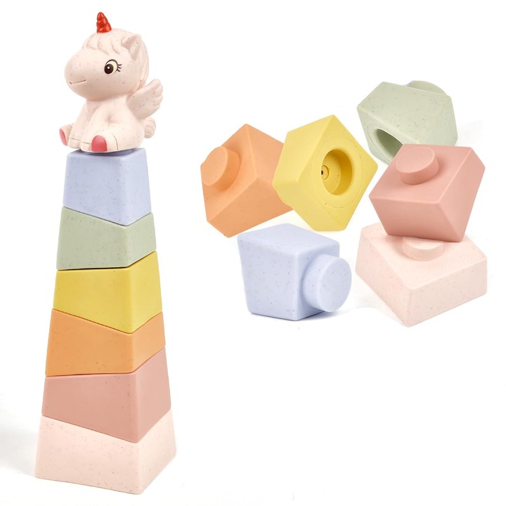 Jucarie Educativa si Interactiva pentru Copii - Turn Multicolor de Stivuire si Sortare Montessori din Silicon - Contine 7 Elemente Senzoriale Potrivite pentru Dentitie Bebelusi - Design Unicorn