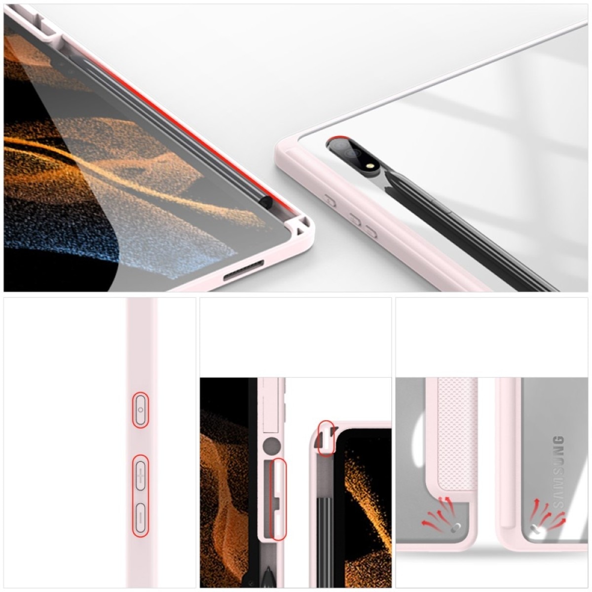 Husă premium pentru tabletă, Sigloo, Armored Flip Smart Case, suport Stylus, policarbonat transparent, roz, pentru Galaxy Tab S10 Plus 12.4"