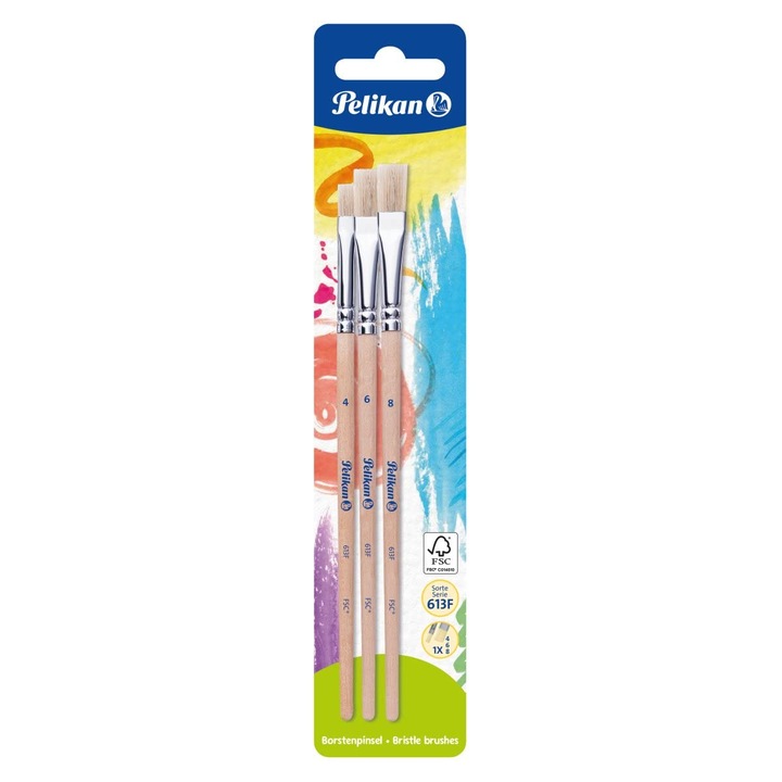 Set 3 Pensule pictura 613f, Pelikan, Par de Porc, Marimea 4, 6, 8
