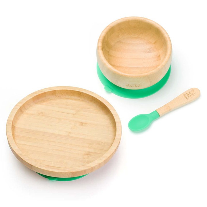 Set diversificare din bambus cu ventuza antiderapanta pentru hranire si diversificare bebelusi - bol, farfurie si lingurita - Dodoli, Verde
