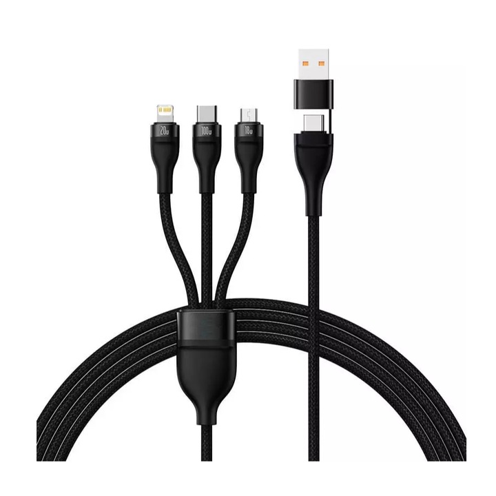 Cablu de incarcare si transfer date, 3in1, Flash Series II, 100W, mufa conectoare USB Type-C cu adaptor USB A, 1.2m lungime, Negru
