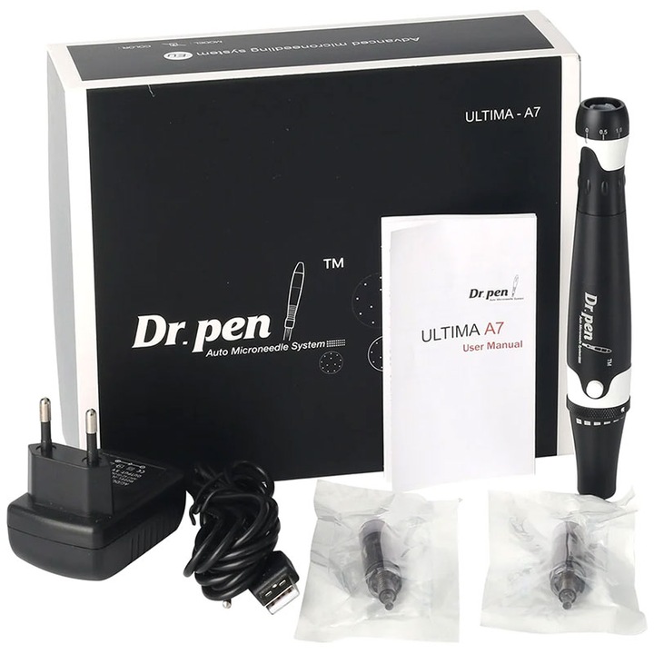Молив с титаниеви микро-игли, Dermapen, Dr. Pen, Ultima A7C, 2x резервни 12 игли, дълбочина 0,25 - 2,50 mm, 5 скорости, с конец
