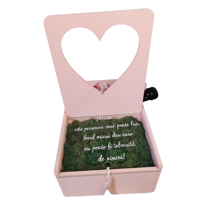 Cutie cu mesaj pentru mama cu licheni stabilizati, vin si bomboane, roz