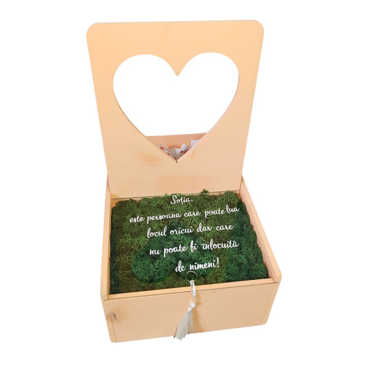 Cutie cu mesaj pentru sotie cu licheni stabilizati, vin si bomboane, culoare piersica
