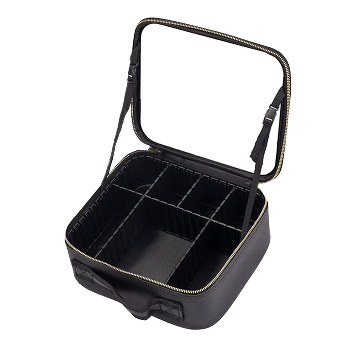 Geanta ElastiX pentru cosmetice cu oglinda si lumina LED, compartiment separat pentru pensule, negru, 22.5 cm x 11.5 cm x 25 cm