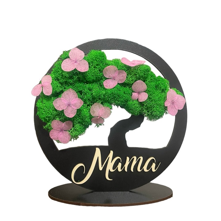 Tablou Bonsai decorat cu licheni naturali stabilizati si flori, gravat cu mesajul,, Mama'', culoare verde, diametru 15 cm, rama neagra
