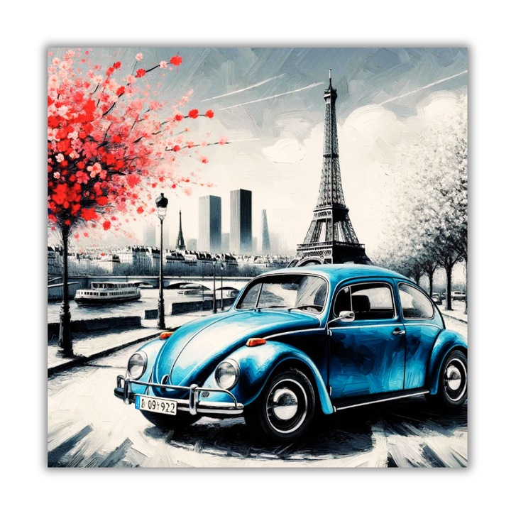 Tablou Canvas, in stil pictat manual cu ulei pe panza, Peisaj Vw Beetle, Paris, Franta 50x50 cm