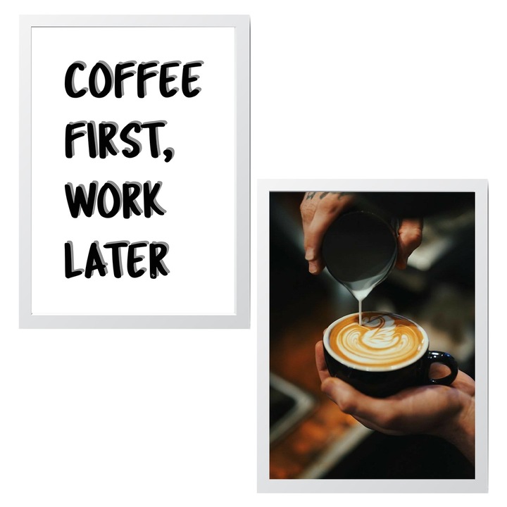 Set 2 Tablouri Cafea cu text Coffee first pentru cafenea, casa, 30x20cm, print pe hartie fotografica cu rama alba