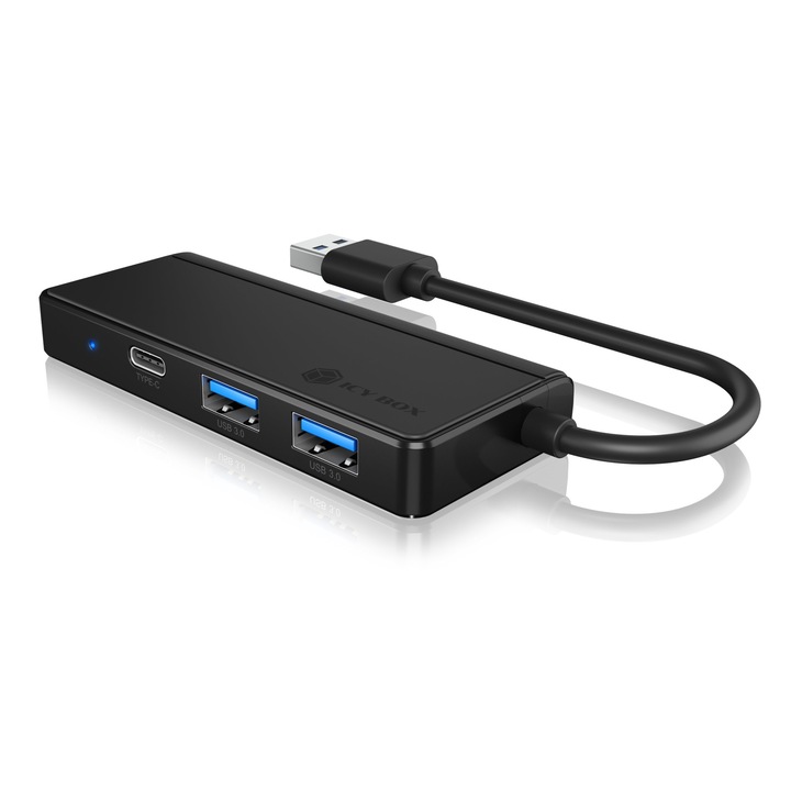 HUB extern Icy Box, porturi USB: USB 3.0 x 2, USB-C x 1, conectare prin USB, card reader: SD/ MicroSD, plastic, negru, „IB-HUB1423CR-U3”