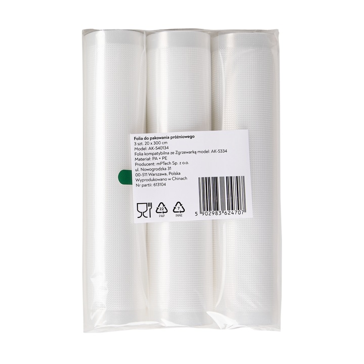 Set 3 role pungi universale pentru vidat si sigilat alimente, Huslog, gofrate, lavabile, conservare optima, fructe, legume, carne, mancare, compatibilitate universala, rezistenta la inghet si caldura, 300x20 cm