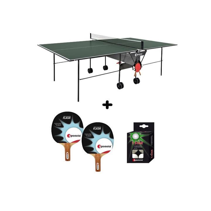 Masa tenis Sponeta S1-12i, interior, pliabila, verde cu fileu, 2 palete Sponeta Flash si mingi incluse, 19 mm, Solid Volt, suporti laterali de prindere palete si mingi