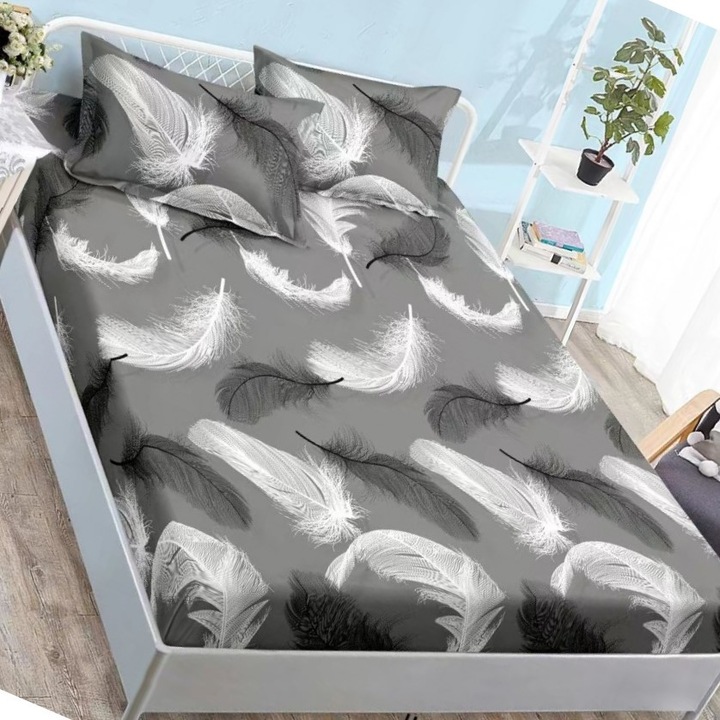 Husa Cocolino Premium cu Elastic, 3 Piese, pentru Pat Dublu, 2 Fete de Perna, Gri cu Pene