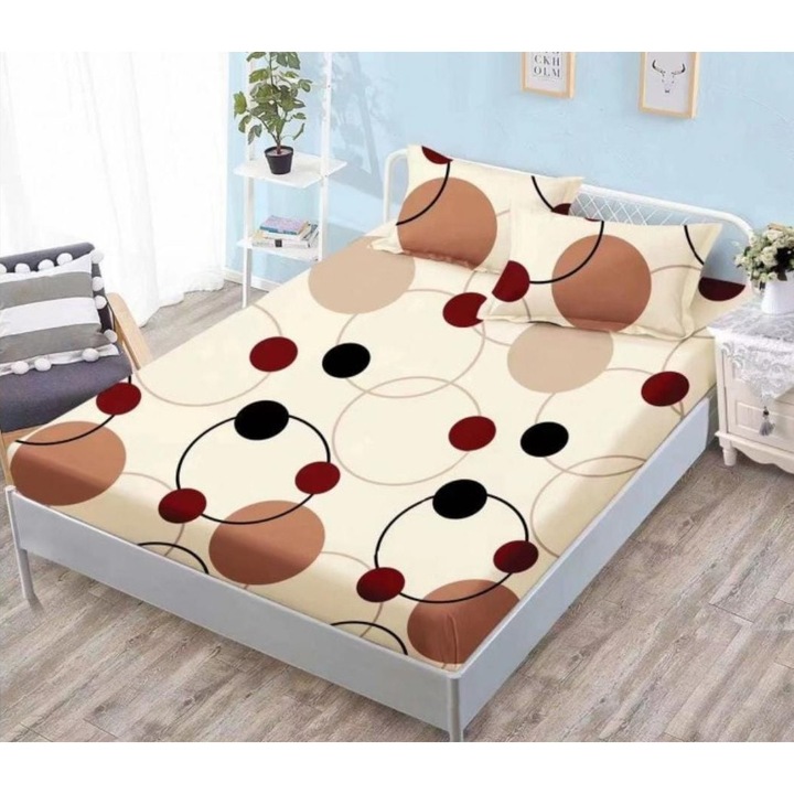 Husa Cocolino Premium cu Elastic, 3 Piese, pentru Pat Dublu, 2 Fete de Perna, Bej