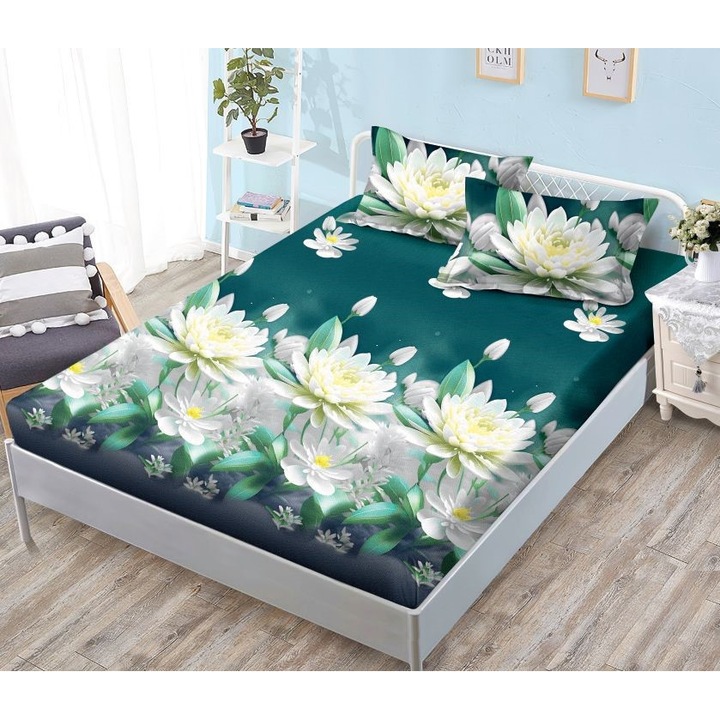 Husa de Pat cu Elastic din Finet, pentru Pat Dublu, 3 Piese, 2 Fete de Perna, Multicolor