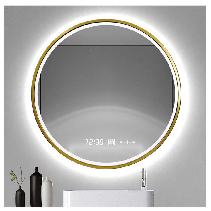 Oglinda Rotunda, 70 X 70cm, Iluminta, Functie Dezaburire, Rama Bronz Antichizat Led Touch, Smack, J26