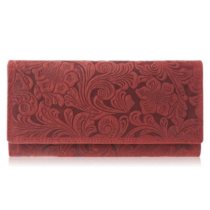 Portofel dama Paolo Peruzzi T-25, piele naturala, motiv floral, RFID, rosu, 20x10x3cm