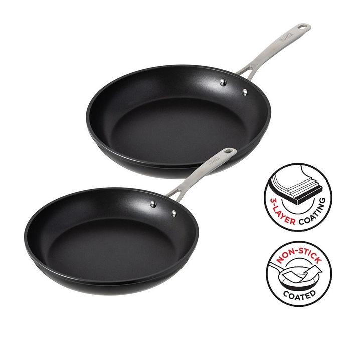 Set 2 tigai Kuhn Rikon, Easy Pro, Ø 20/ 24 cm, calitate premium, aluminiu si titan, strat antiaderent, maner ergonomic otel, incalzire uniforma, turnare usoara, compatibil cu toate sursele de caldura, lavabil in masina de spalat, negru
