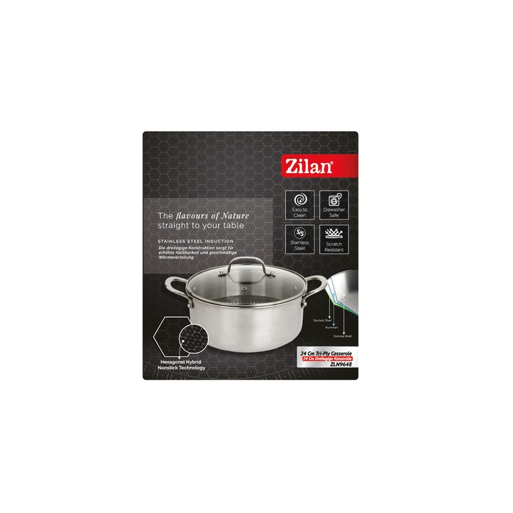 Oala Zilan ZLN9648 cu capac, tri-ply, inox, antiaderent, protectie la zgarieturi, usor de spalat, 24 cm,4.3L