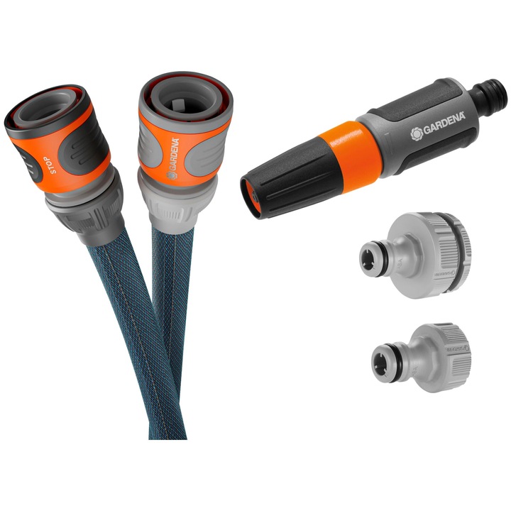 Set furtun de gradina + accesorii, Gardena, Textil, 25 m, 1/2", Negru / Portocaliu