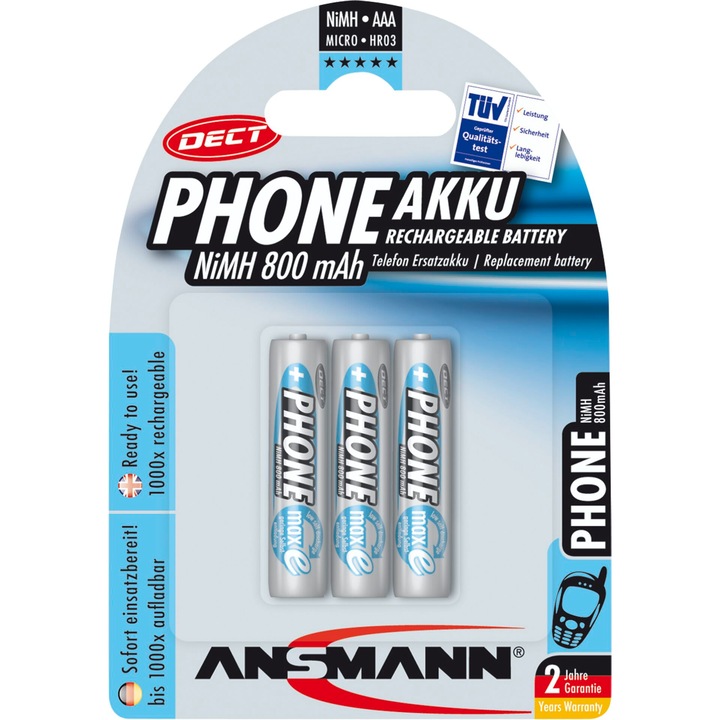 3 újratölthető elemből álló készlet, Ansmann, NiMH, AAA, 800mAh, 10,5x44,5mm