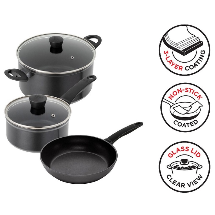 Set 3 vase de gatit Kuhn Rikon, 5 piese, calitate premium, antiaderent, strat intermediar din aluminiu, manere ergonomice, turnare usoara, fara PFOA, compatibil cu toate sursele de caldura, lavabile in masina de spalat, antracit