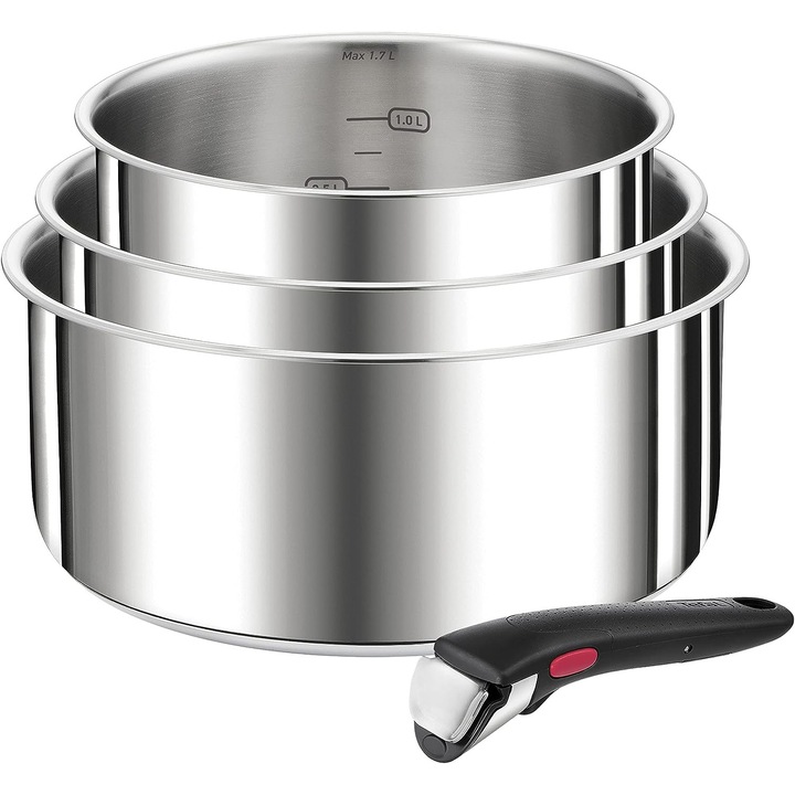 Set 3 cratite Tefal Ingenio Preference, 16+18+20 cm, maner detasabil, inductie, inox