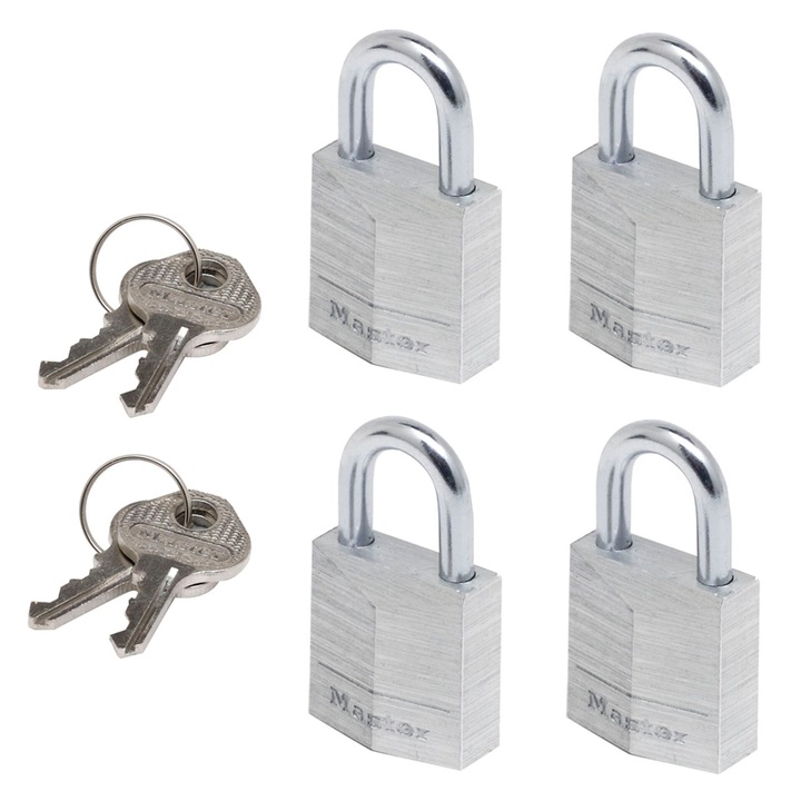 Set 4 lacate, Masterlock, Aluminiu/Otel, Argintiu, 20x34x14mm