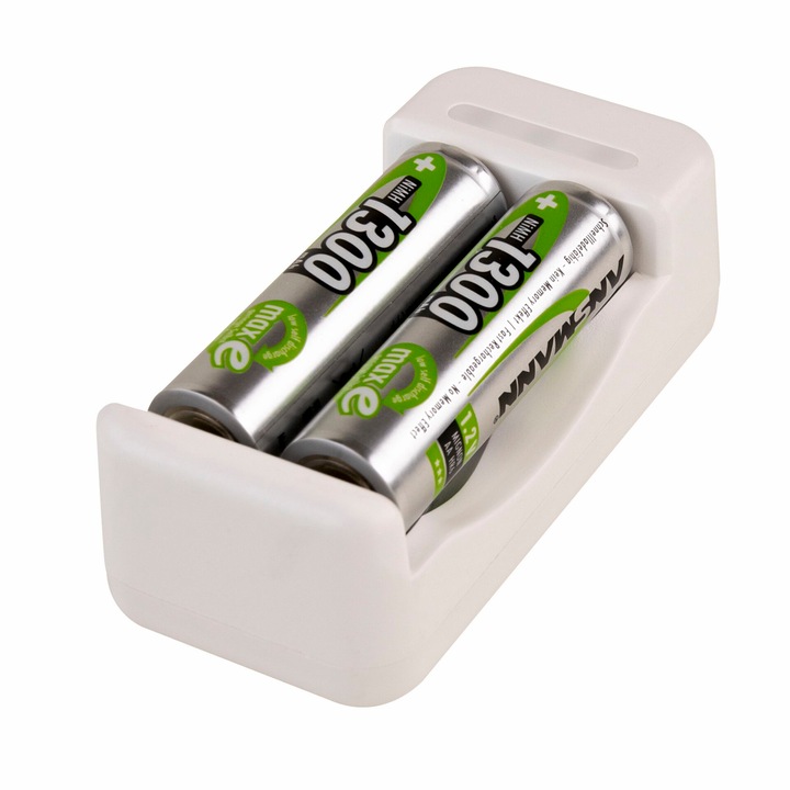 Töltő, Ansmann, 2db AA elem, 1300mAh, NiMH, USB bemenet, polaritásvédelem, fehér, 1m
