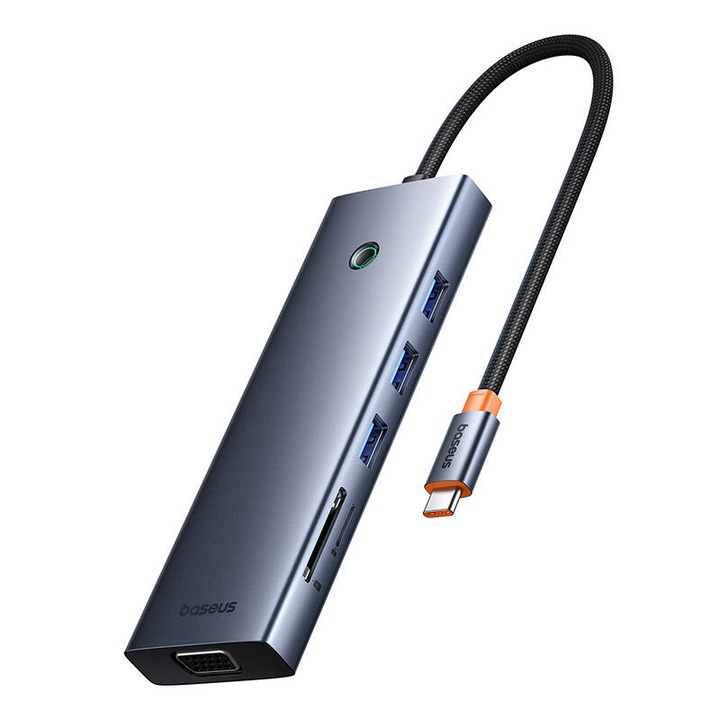 HUB Baseus UltraJoy Type-C с 10 порта HDMI, VGA, 3xUSB 3.0, PD, RJ45, SD/TF, 3,5 мм Сив