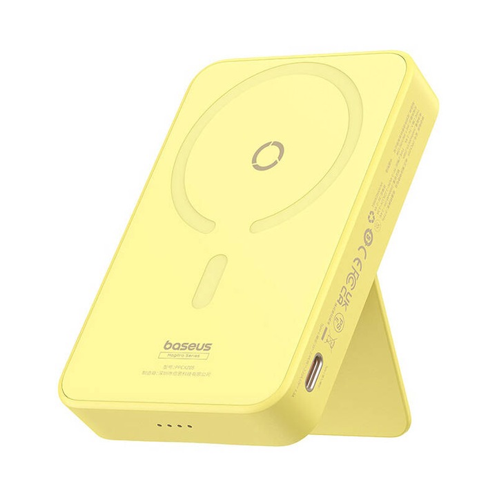 Baterie Externa Wireless Baseus MagPro PPCXZ05, 5000mAh, 20W, PD + FQI, 1 x QI - 1 x USB-C, Galbena