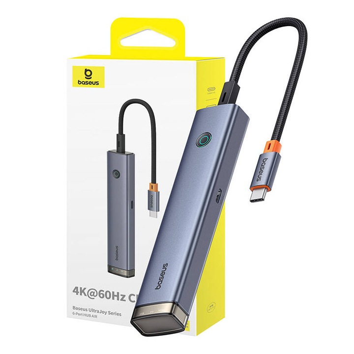 Хъб, Baseus, алуминиева сплав, USB-C / HDMI / USB, 60Hz, 6 порта, 128,4 x 26 x 16 mm, сив