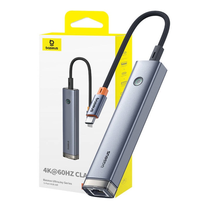 ХЪБ с 5 порта, Baseus, Type-C, HDMI, USB3.0x2, сив