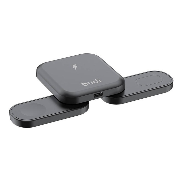 Statie de incarcare wireless Extralink 3-in-1, multifunctionala, culoare neagra, suport pentru incarcare rapida a telefonului, smartwatch-ului si castilor, design compact si practic pentru birou sau acasa