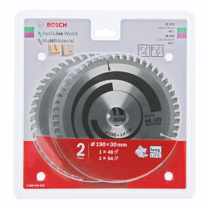 Set 2 lame fierastrau circular, Bosch, 190x30mm, negru/argintiu