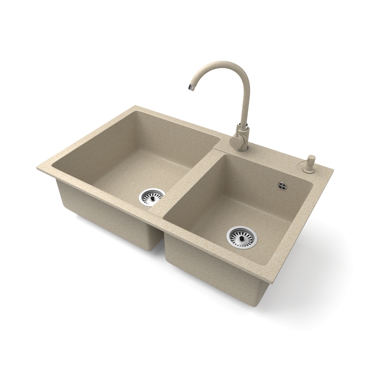 Nero Palazzo, Gránit mosogató szett, magasított csapteleppel, adagolóval és szifonnal, 80 cm, Bézs